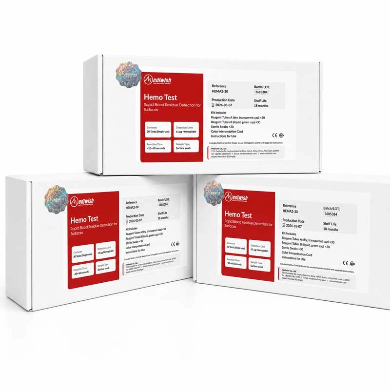 Hemo Test Rapid Blood Residue Detection Kit with 25 tests, swabs, and reagent solution for cleaning validation on medical instruments
