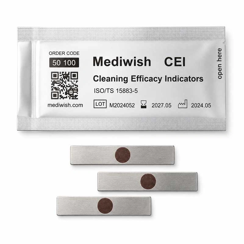 Mediwish CEI Cleaning Efficacy Indicator – stainless steel strip with simulated blood soil for ultrasonic washer-disinfector validation