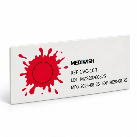 Angled view of the MEDIWISH CVC-10R cleaning indicator card with red test soil.