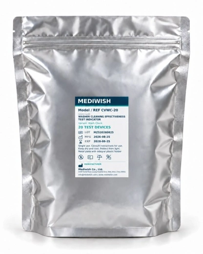 MEDIWISH CVWC-20 outer pouch labelled 20 test devices with integral plastic holders.