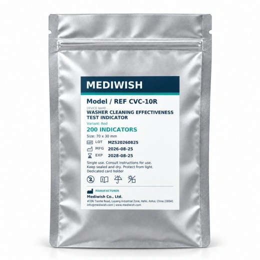 MEDIWISH CVC-10R pouch labelled 200 indicators, red variant.