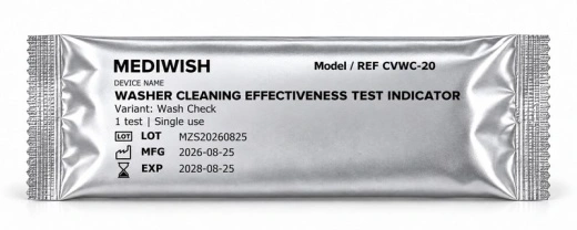 Front of the MEDIWISH CVWC-20 Wash Check pouch labelled one single-use test.