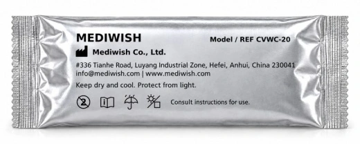 Reverse of the MEDIWISH CVWC-20 individual pouch with manufacturer and storage information.