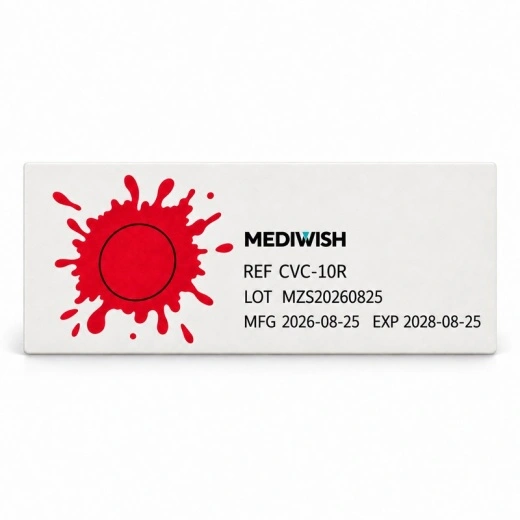 MEDIWISH CVC-10单片卡片及一叠带蓝色测试污物的卡片，旁边为已打开的包装袋。