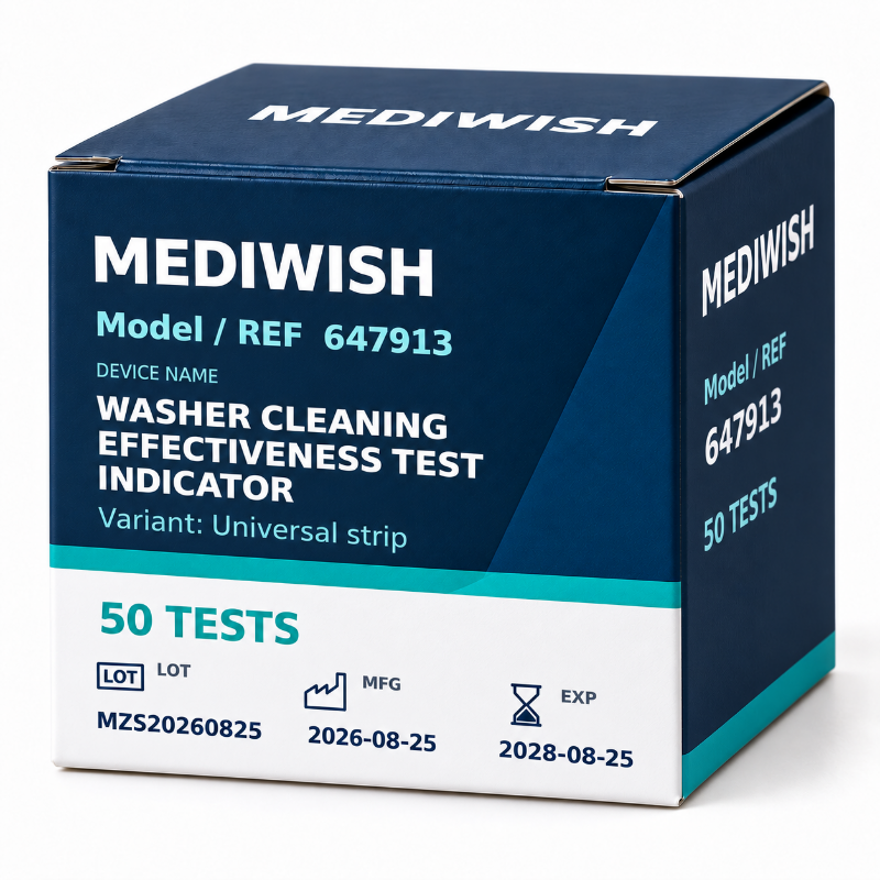 Front of the MEDIWISH Universal 647913 carton labelled 50 tests.