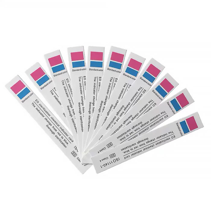 Tiras indicadoras para EO dispuestas en abanico, con áreas rosas y azules Tiras indicadoras para EO dispuestas en abanico, con áreas rosas y azules