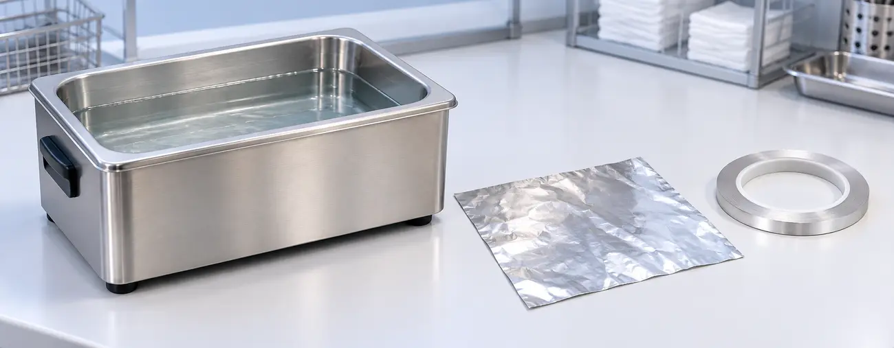 Ultrasonic cleaner with a roll and sheet of aluminum foil for a cavitation test Ultrasonic cleaner with a roll and sheet of aluminum foil for a cavitation test