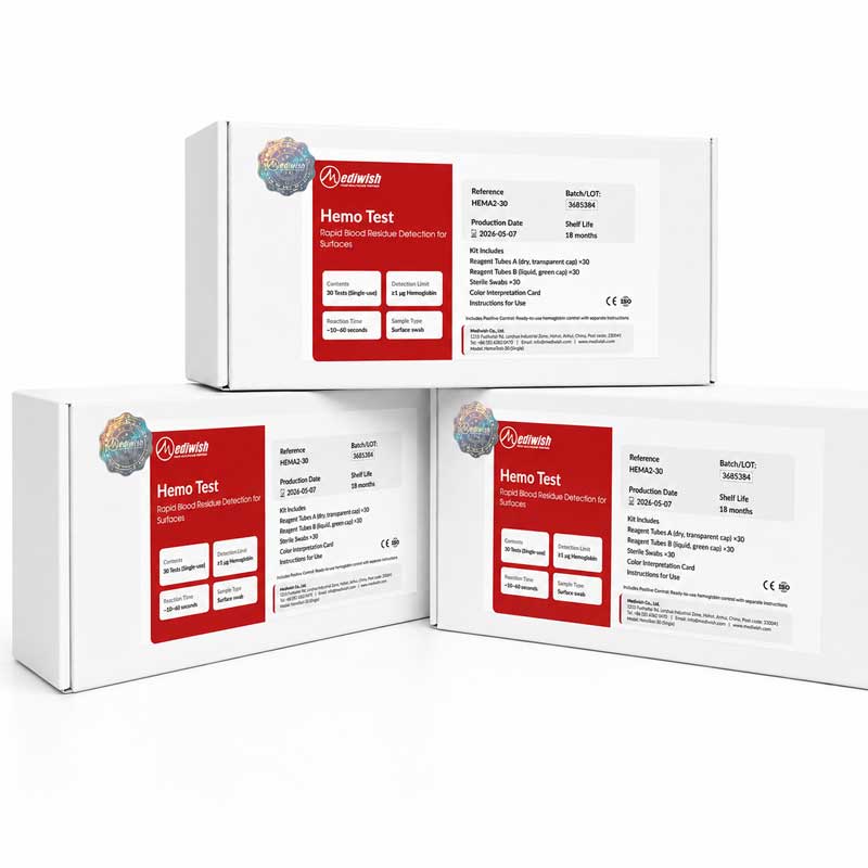 Hemo Test Rapid Blood Residue Detection Kit with 25 tests, swabs, and reagent solution for cleaning validation on medical instruments