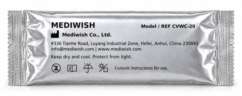 Reverso de la bolsa individual MEDIWISH CVWC-20 con información del fabricante y de almacenamiento. Reverso de la bolsa individual MEDIWISH CVWC-20 con información del fabricante y de almacenamiento.