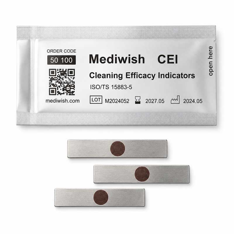 Mediwish CEI Cleaning Efficacy Indicator – stainless steel strip with simulated blood soil for ultrasonic washer-disinfector validation Mediwish CEI Cleaning Efficacy Indicator – stainless steel strip with simulated blood soil for ultrasonic washer-disinfector validation