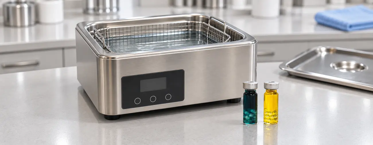 Ultrasonic cleaner with an empty basket and two sealed cavitation indicator vials containing blue-green and yellow liquid Ultrasonic cleaner with an empty basket and two sealed cavitation indicator vials containing blue-green and yellow liquid