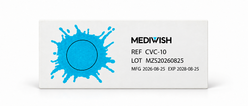 Front of the MEDIWISH CVC-10 card with blue test soil and printed REF. Front of the MEDIWISH CVC-10 card with blue test soil and printed REF.