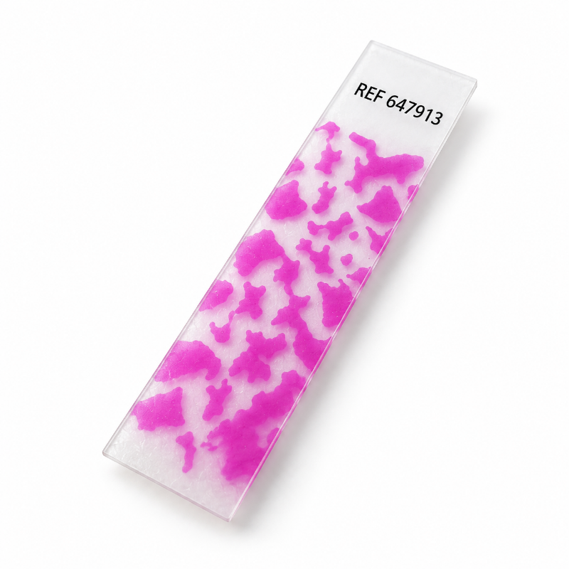 Angled view of the MEDIWISH Universal 647913 strip with pink test soil and printed REF.