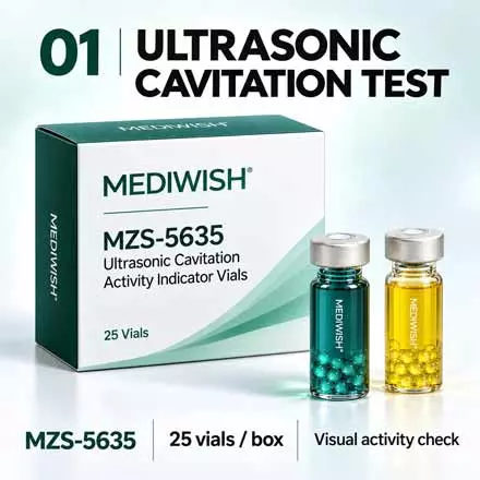 MEDIWISH MZS-5635 ultrasonic cavitation indicator box and blue-green and yellow vials