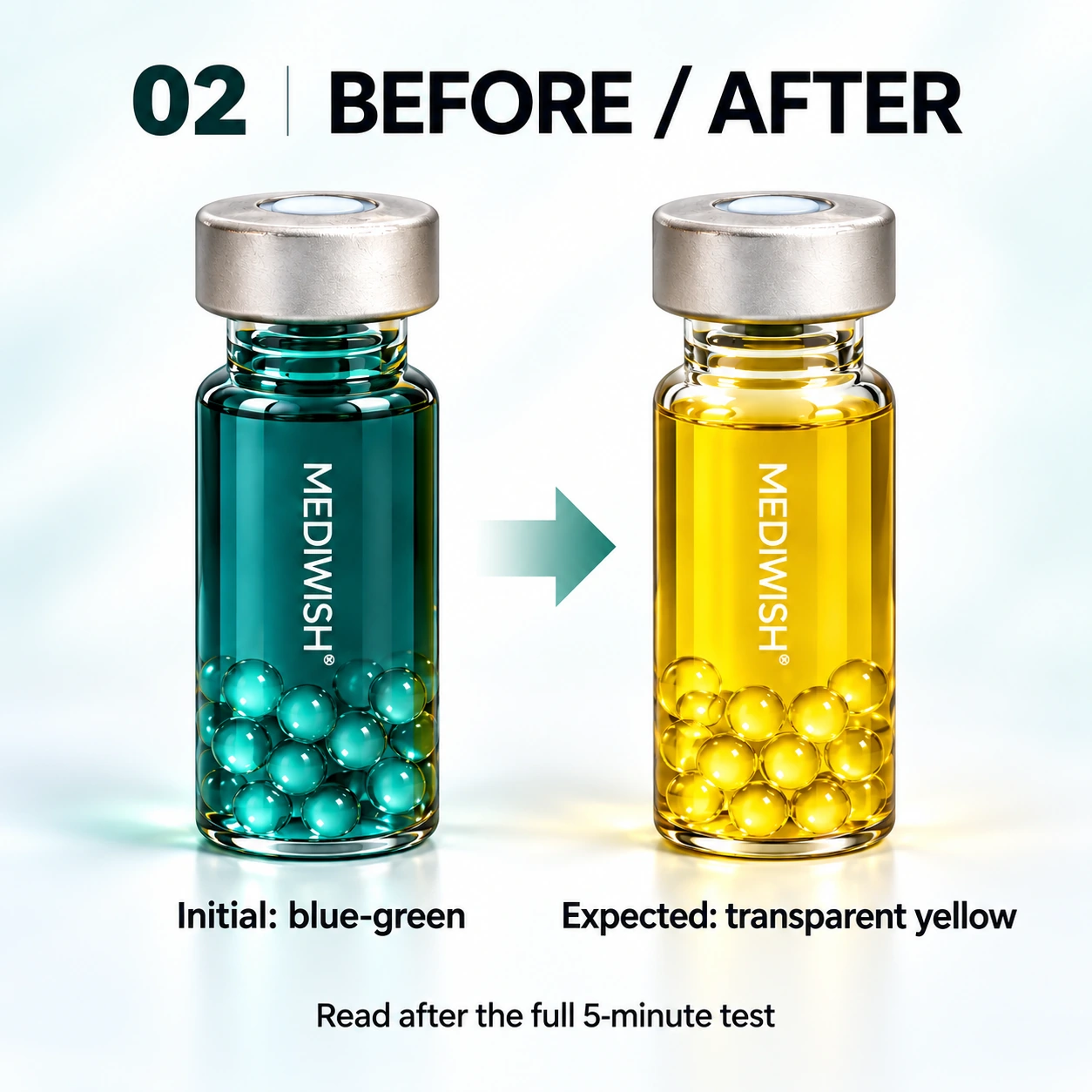 MZS-5635 blue-green vial before exposure and transparent-yellow vial at the expected endpoint