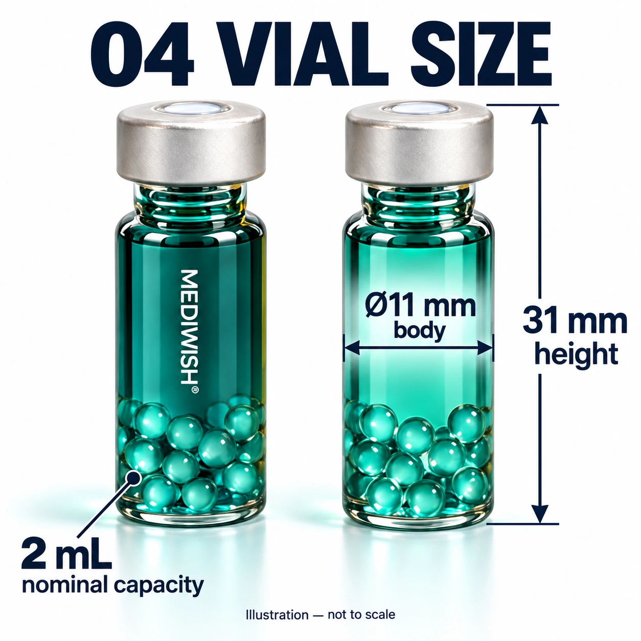 MEDIWISH vial with labels identifying 31 mm height, 11 mm body diameter and 2 mL nominal capacity