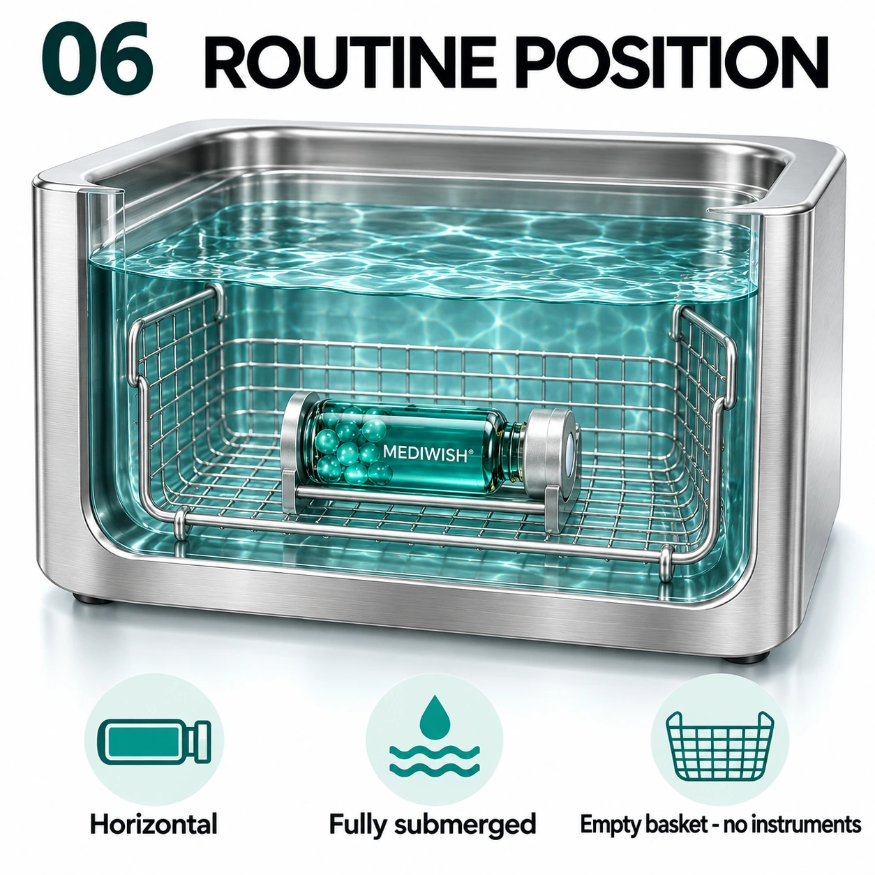 Horizontal sealed indicator vial fully submerged in an empty ultrasonic-cleaner basket
