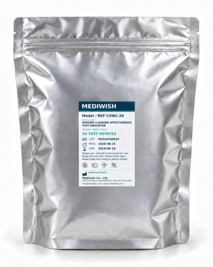 Embalagem exterior MEDIWISH CVWC-20, identificada com 20 dispositivos de teste com suportes de plástico integrados.