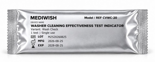 Frente da saqueta MEDIWISH CVWC-20 Wash Check, identificada como um teste de utilização única.