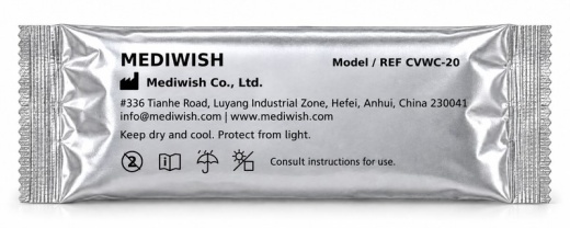 Verso da saqueta individual MEDIWISH CVWC-20, com informação do fabricante e de armazenamento.