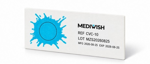 Vista oblíqua do cartão indicador de limpeza MEDIWISH CVC-10, com sujidade de teste azul. Vista oblíqua do cartão indicador de limpeza MEDIWISH CVC-10, com sujidade de teste azul.