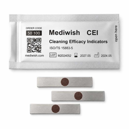 Stainless steel cleaning efficacy indicator (CEI) with quantitative test soil mimicking human blood for verifying washer-disinfector performance in hospitals Stainless steel cleaning efficacy indicator (CEI) with quantitative test soil mimicking human blood for verifying washer-disinfector performance in hospitals